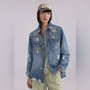 BOUTIQUE HIPPEE HARVEST CUSTOM DENIM DISTRESSED SHACKET WITH BROOCHES